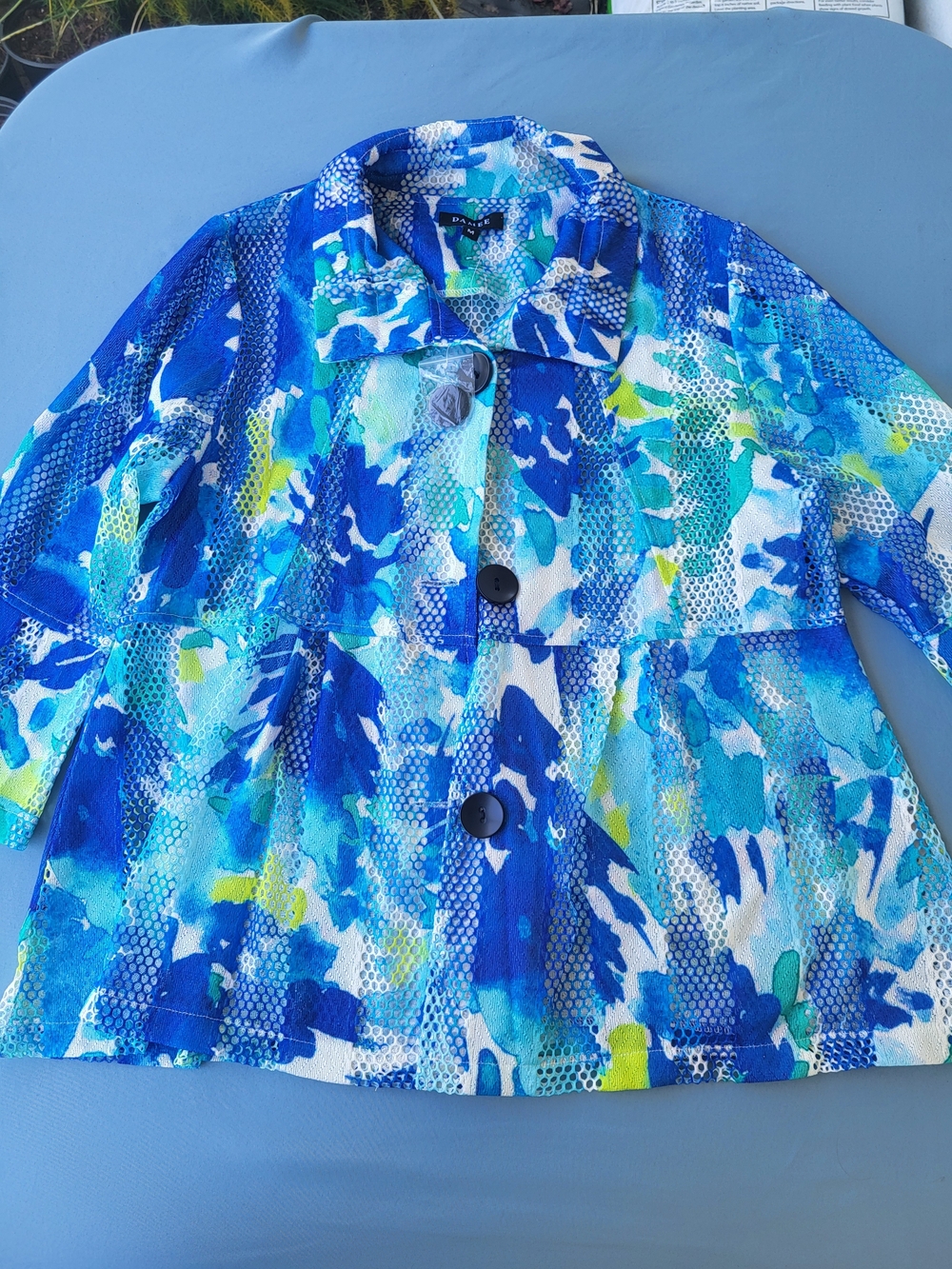 INC International Concepts Blue & Aqua Abstract Printed Button-Front Top
